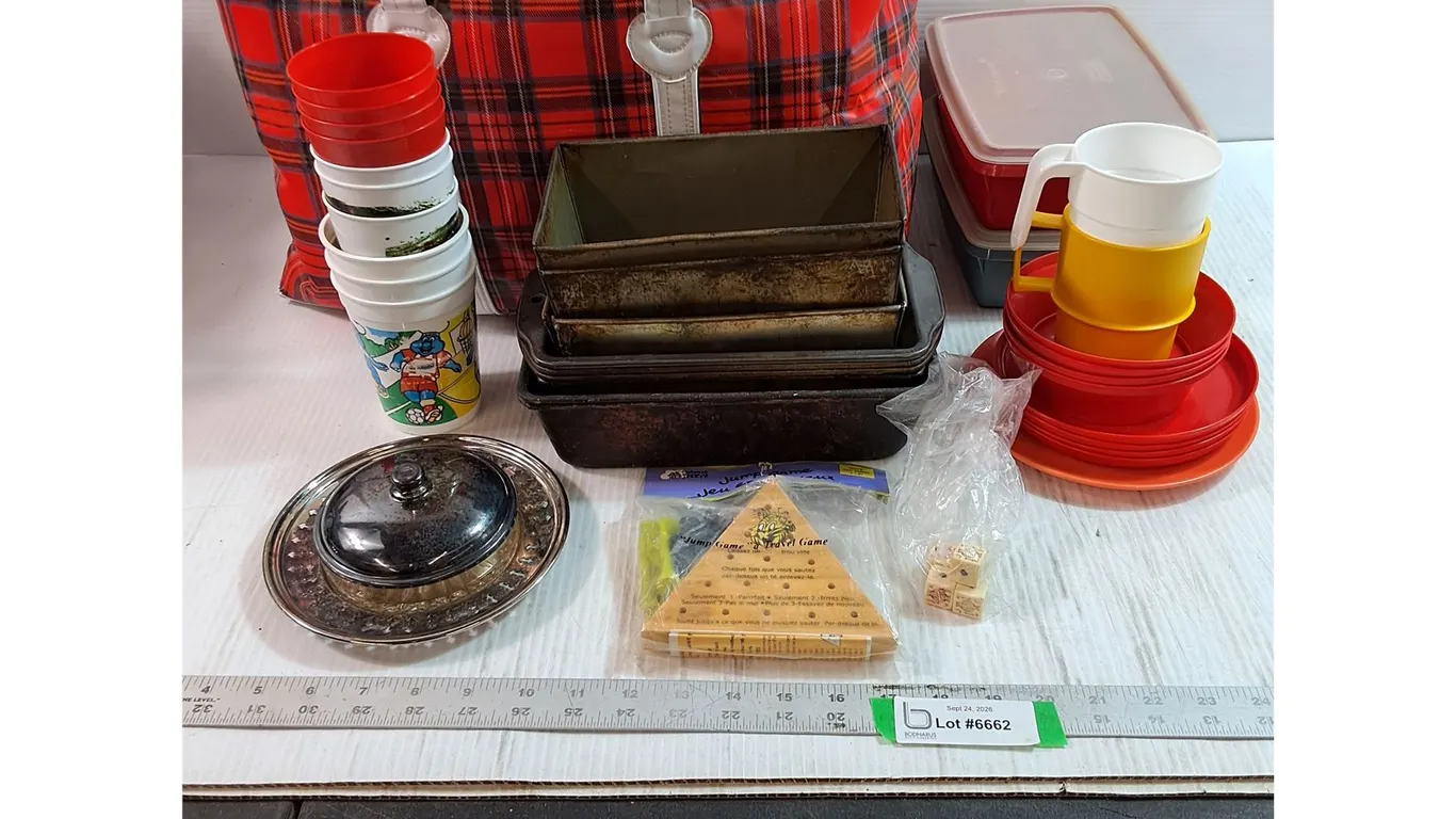 Assorted Cups, Plates, Ovenware, Containers, Jump Game, Cooler Bag