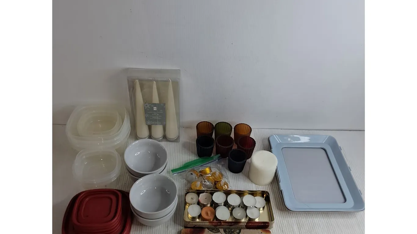 Candles & Candle Holders, Votives, Soup Bowls, Tupperware & Lids, Microwave Trays