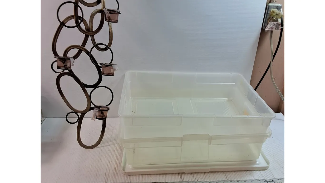 Metal Wall Decor, (2) Plastic Containers w/ 1 Lid - 22x15x5"