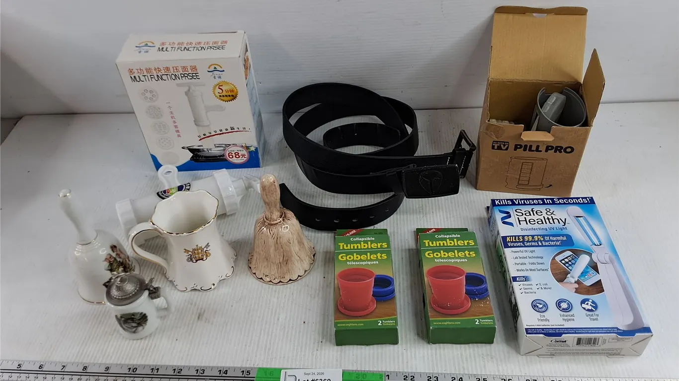 Multi Function Press, Ceramic Bells, Tumblers, Belt, Pill Organizer, Misc