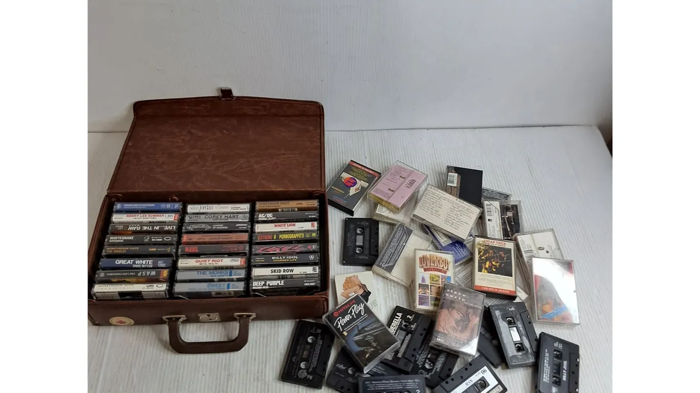(30+) Cassette Tapes - Mostly 90's Hard Rock, Storage Case