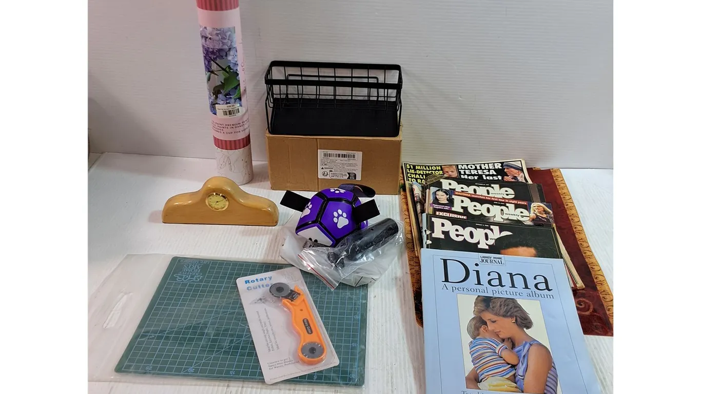 Assorted Magazines, Tabletop Clock, Placemats, Rotary Cutter, Painting Canvas, Misc