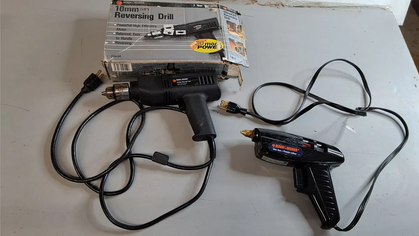 Black & Decker Hot Glue Gun & 3/8" Reversing Drill- Both Power On