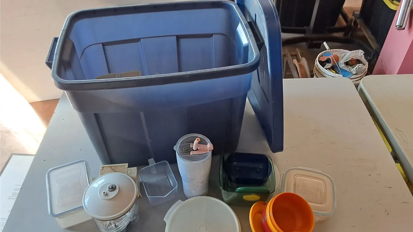 *Assorted Tupperware, Tumbler, Plastic Containers, Food Scale, Plastic Tote w/Lid 21" x 16" x 15",