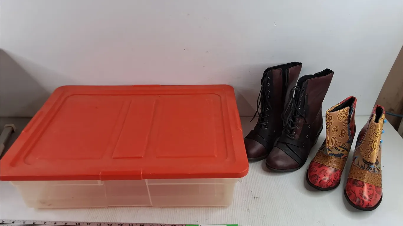 (2) Pairs of Womans Boots - Size 39EU, Plastic Container w/Lid 23" x 17" x 6"