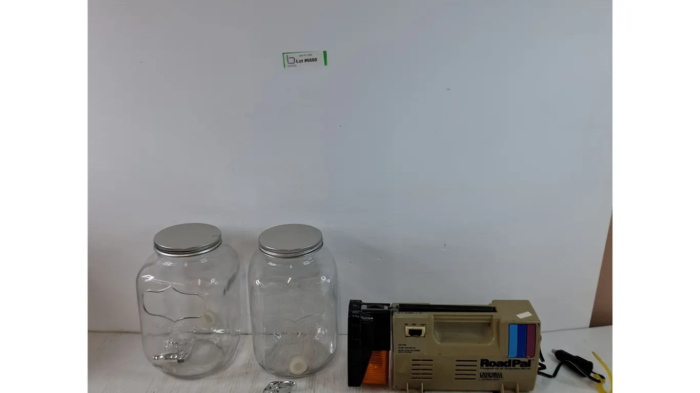 (2) Glassware Jars with Spout Ports, Spouts, (1) Roadpal Emergency Car Air Compressor Untested As-Is