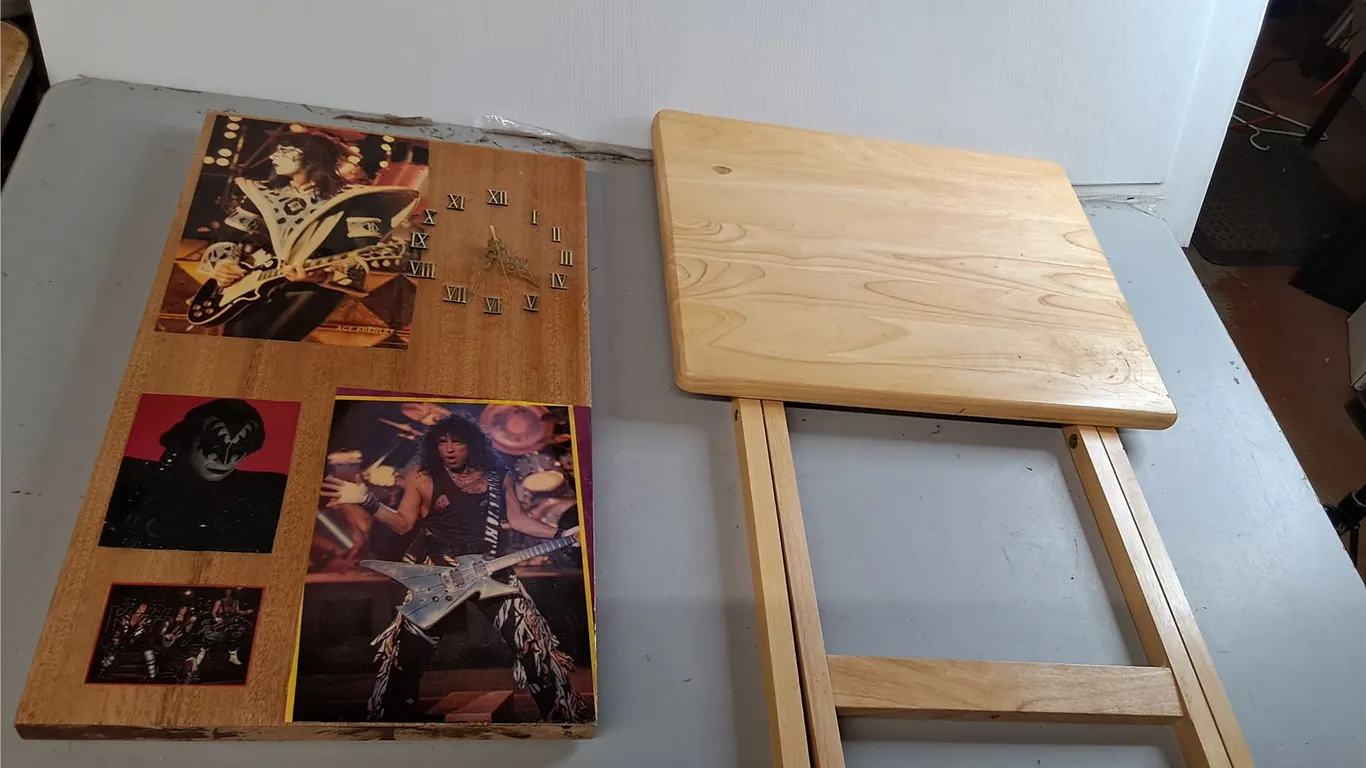 Wooden Wall Clock with KISS Photos 23.75" x 14" & TV Dinner Table 19" x 15" x 25.75"- Can't Ship