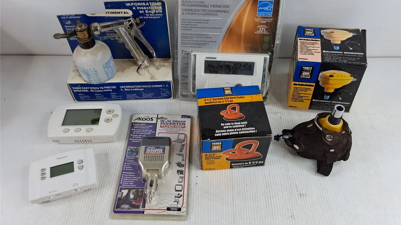 Power Fist Air Palm Nailer, Suction Cup Dent Puller, Spray Gun, Programmable Thermostat, Misc