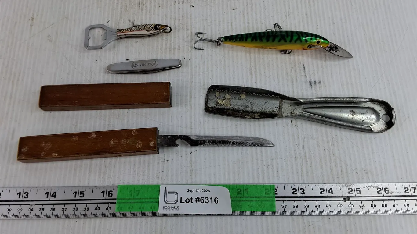 Fishing Hook, Bottle Opener, Hole Saw, Pocket Knife, Misc