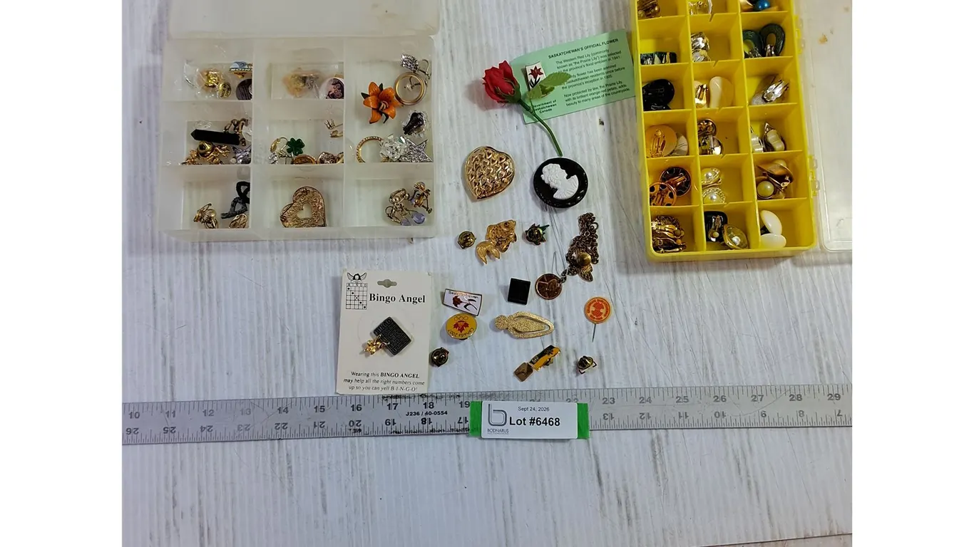 Assorted Pins, Clip-On Earrings, 1936 Penny, Misc