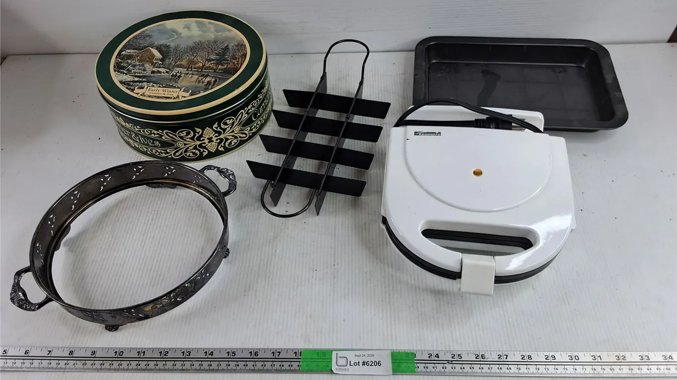 Silver Plated Holder, Kenmore Waffle Maker, Baking Pan, Currier & Ives Tin Can, Misc