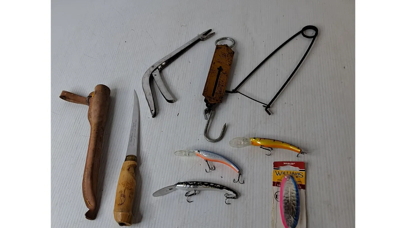 Fish Hooks, Filleting Knife, Pocket Scale, Misc.