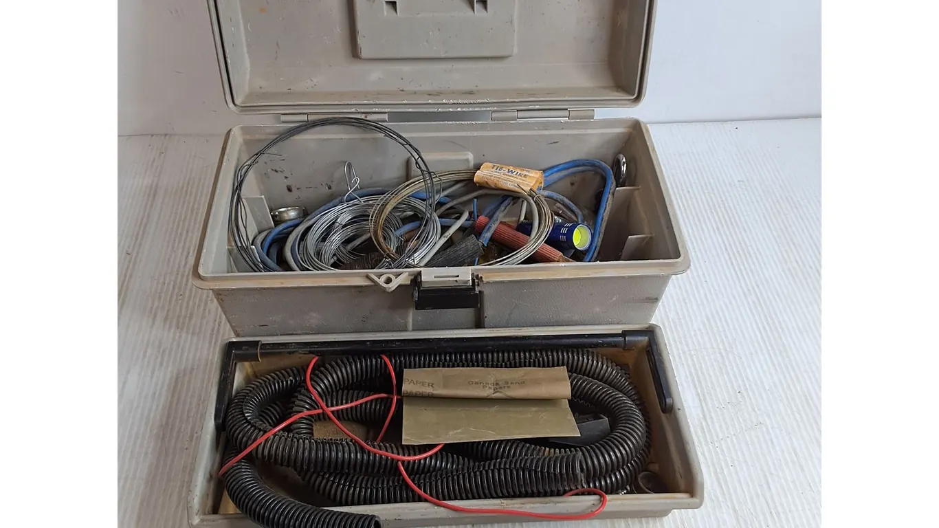 Plastic Tool Box w/Contents (Jumper Cables, Wire, Plastic Tubing, Flashlight)