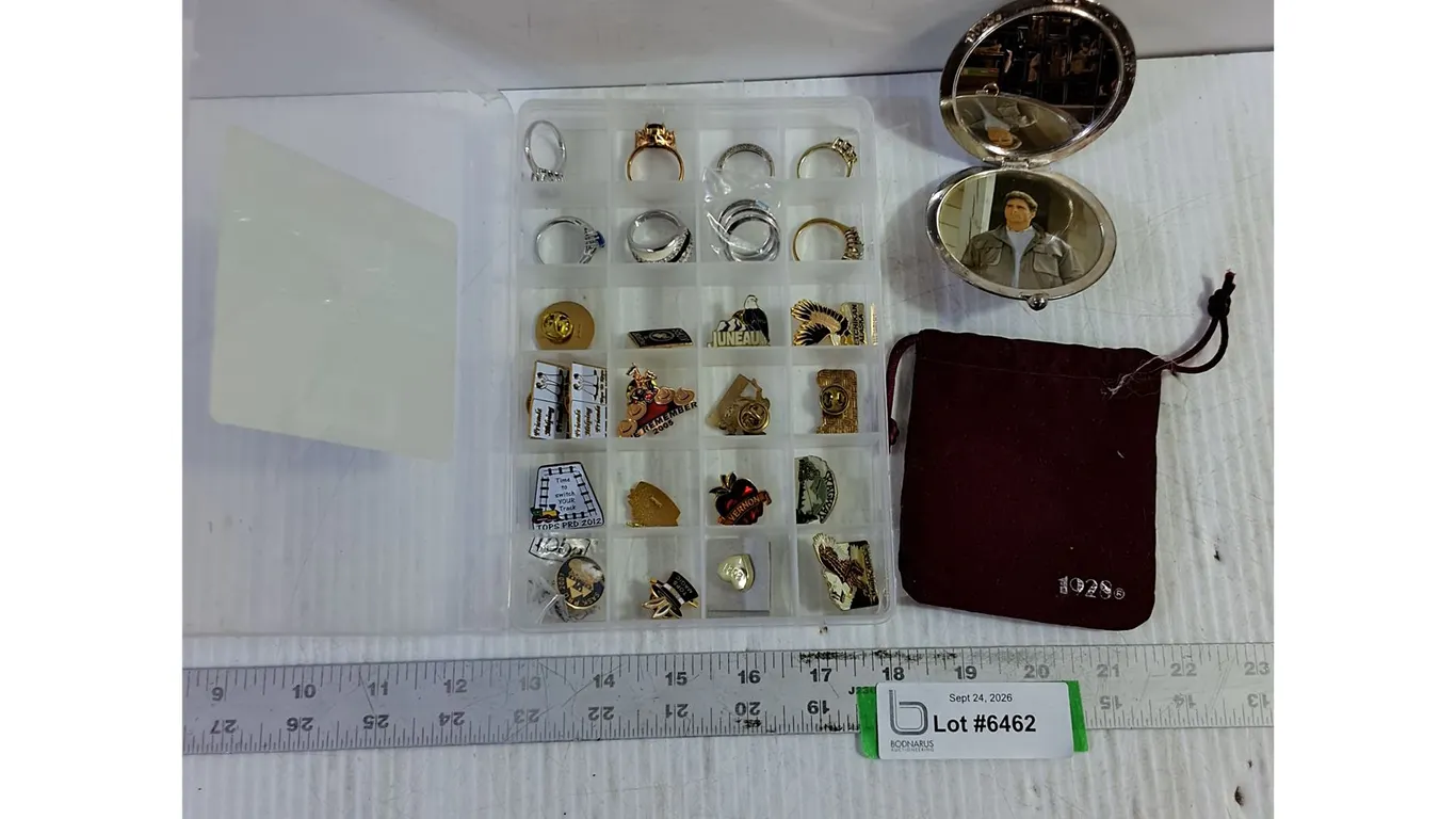 Vintage Pocket Mirror, Rings, Pins, Storage Box