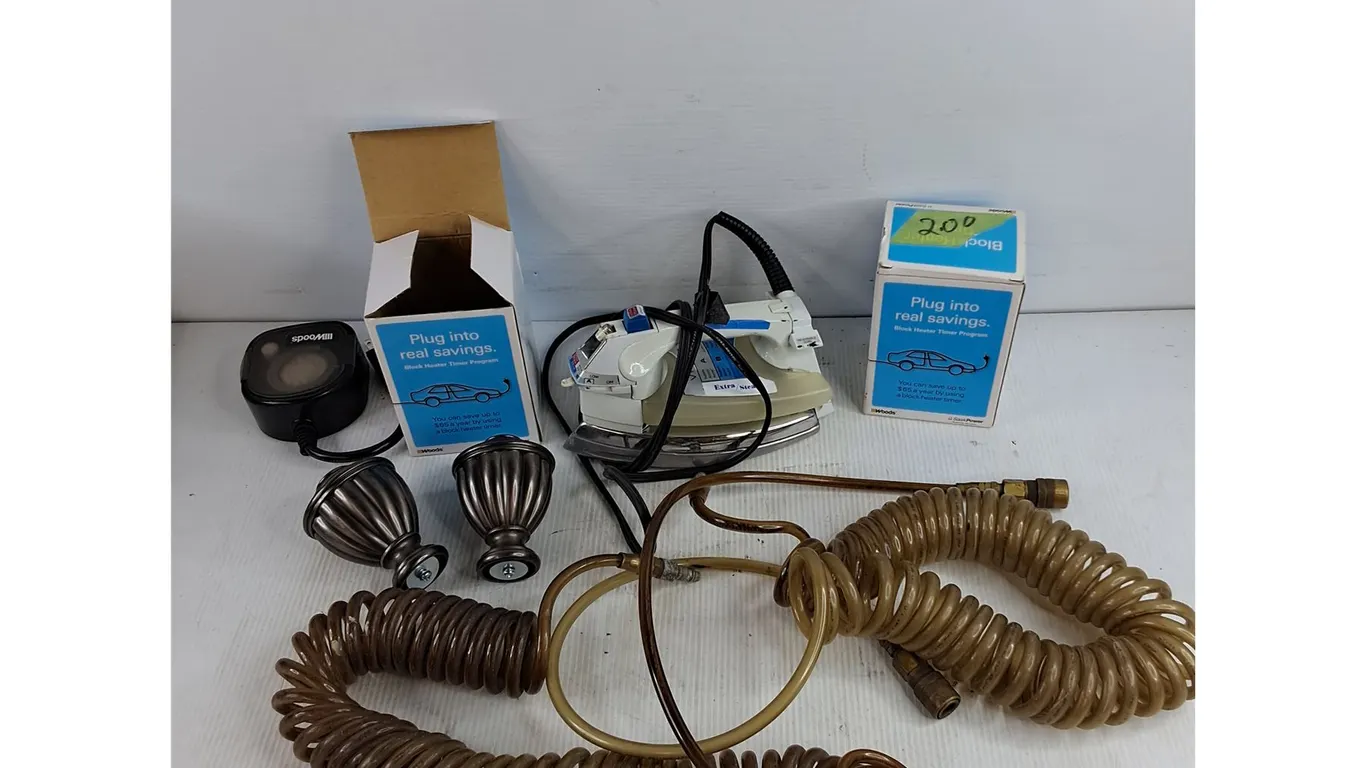 Block Heater Timers, Vintage Electric Clothes Iron, Air Hose, Curtain Rod Attachments
