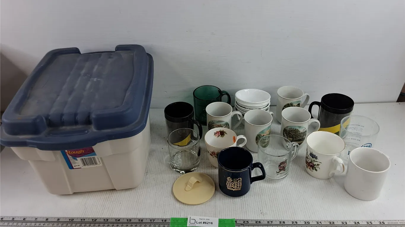 Ceramic & Glass Mugs, Ceramic Bowls, Plastic Tote w/Lid