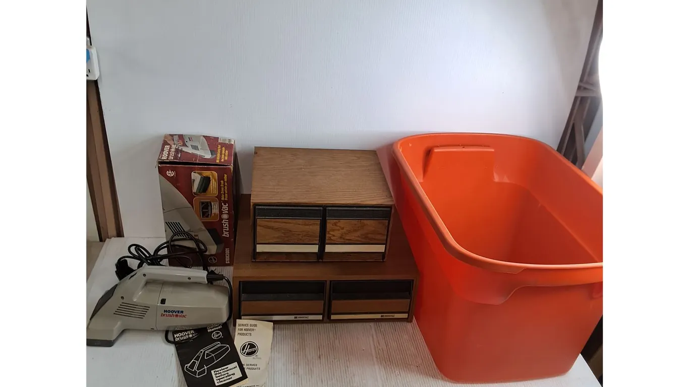 Storage Bin, Vintage Media Storage, Hoover Hand-Held Vacuum - Powers On, As is - Cannot Ship