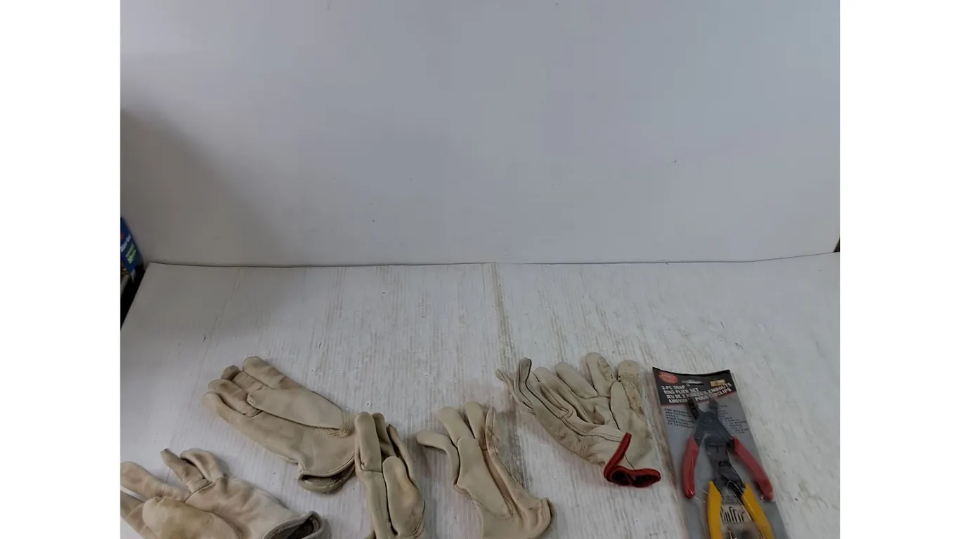 (3) Pairs of Off-White Work Gloves, Brick 2-PC Snap Ring Plier Set with Tips In Opened Packaging