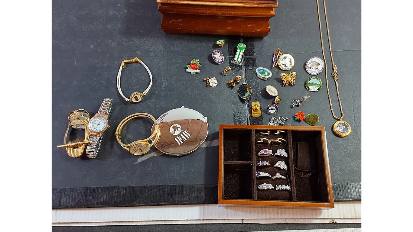 Assorted Jewelry, Watches, Pins, Necklace, Rings, Storage Box