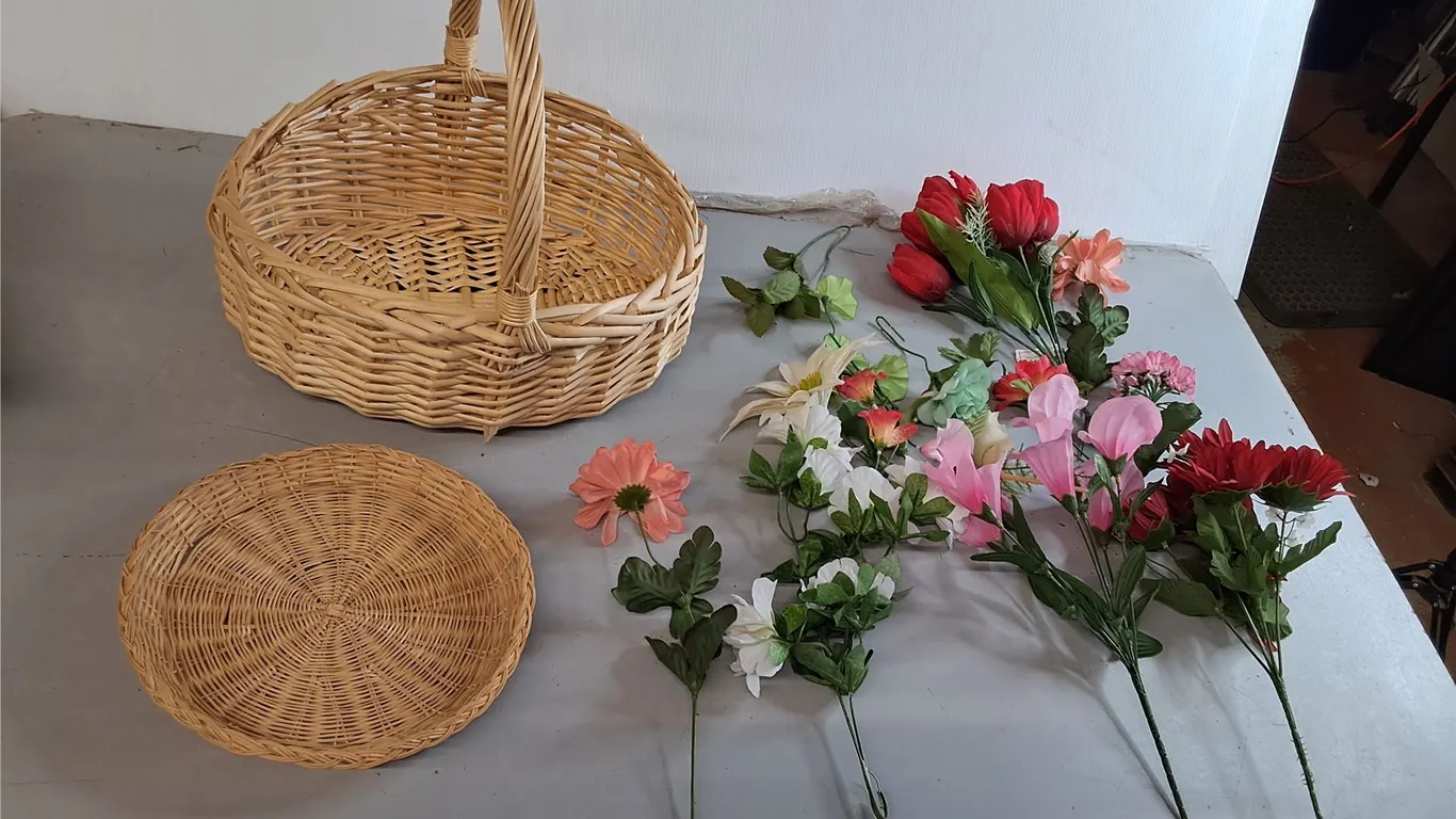 Wicker Basket 13.5" Tall, Tray & Artificial Flowers- Pickup Pref'd