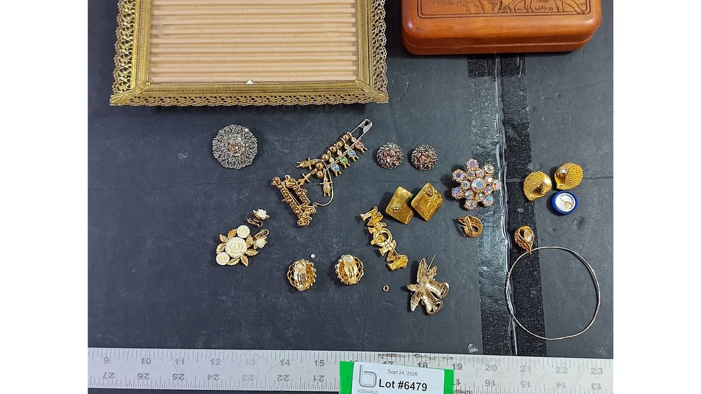 Assorted Earrings, Pins, Clips, Bracelets, Picture Frame, Storage Box