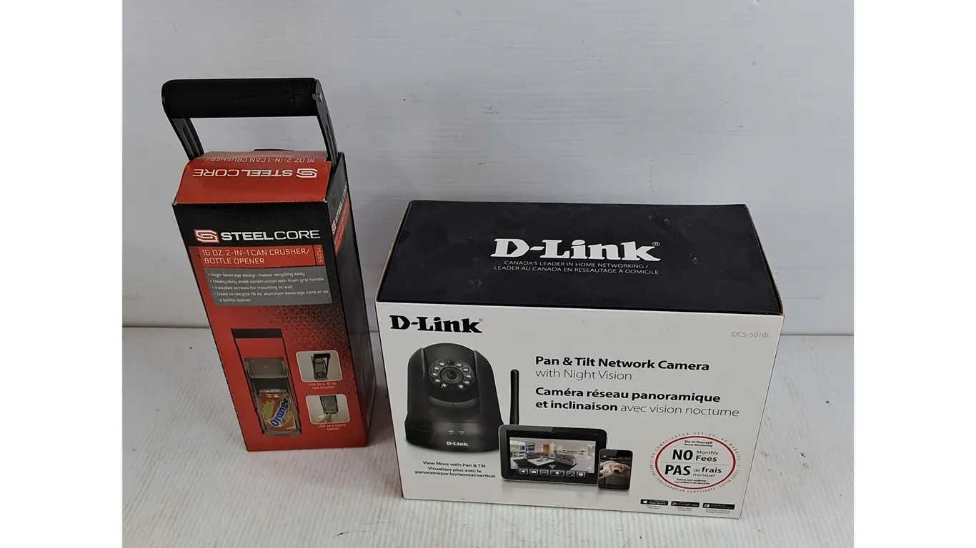 D Link Pan & Tilt Network Camera, Steel Core 16 oz 2 in 1 Can Crusher /Bottle Opener - New