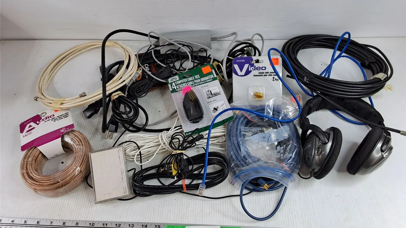 Panasonic Headphones, Assorted Cords, Coaxial Cable Connectors, Speaker Wires, Misc