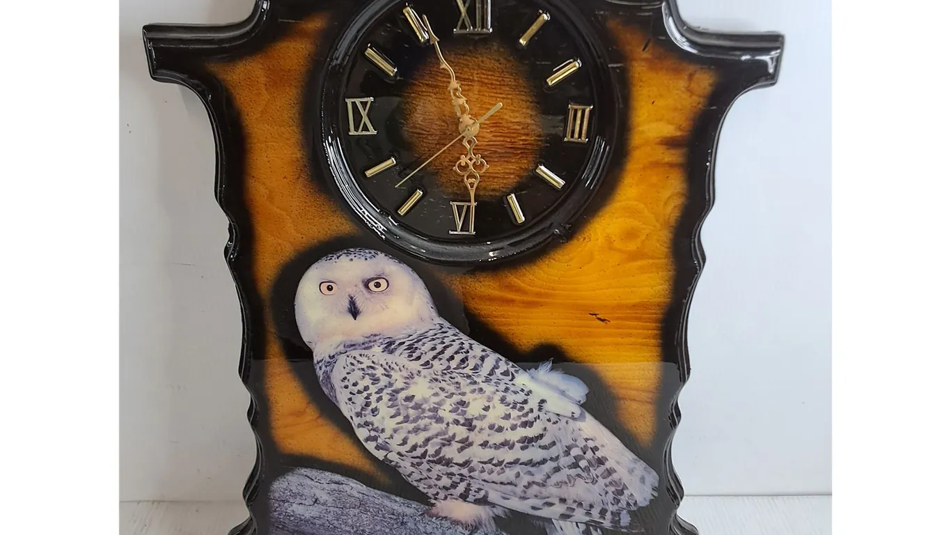Wooden Snowy Owl Laminated Wall Clock - Working - 24" x 19"