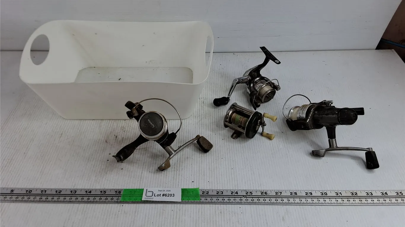 Assorted Fishing Reels & Plastic Bin