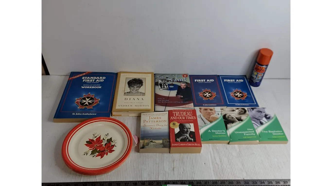 (10) Books (First Aid, Diana, Trudeau, Medical Romance), Disposable Plates, Static Guard