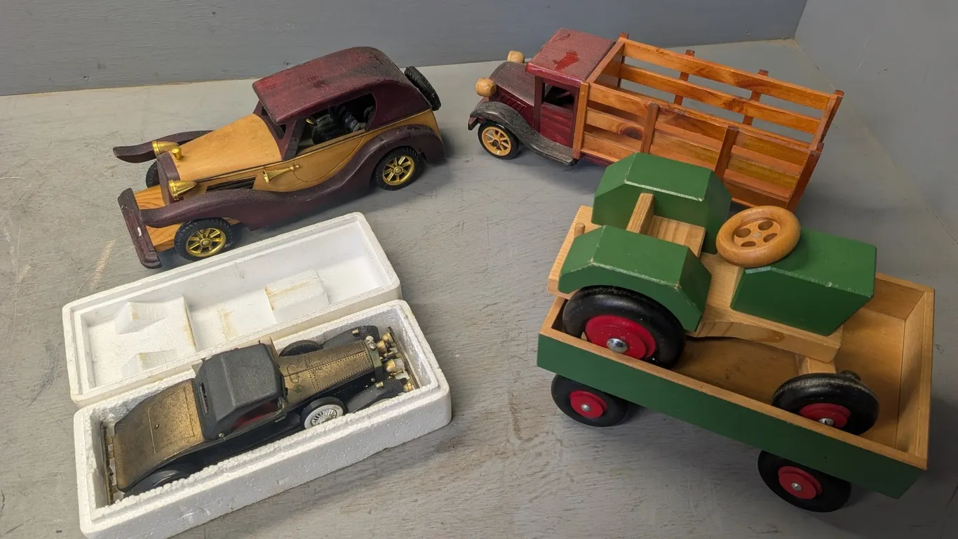 (5) Assorted Collectible Cars and Wooden Tractor