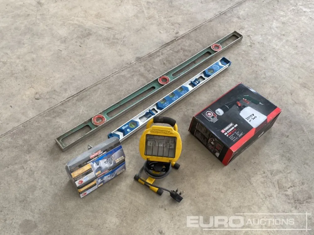 Parkside Air Cleaning Gun, Ironhorse Floodlight, Powerfix Casters, Sprit Levels (5 of)