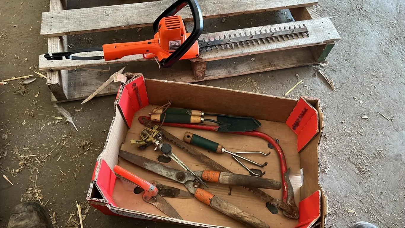OFFSITE - Yard package, Electric hedge trimmer, Pruning saw, hedge pruning scissor, grass clipper, sprinkler and 2 gardening tools. All in working con