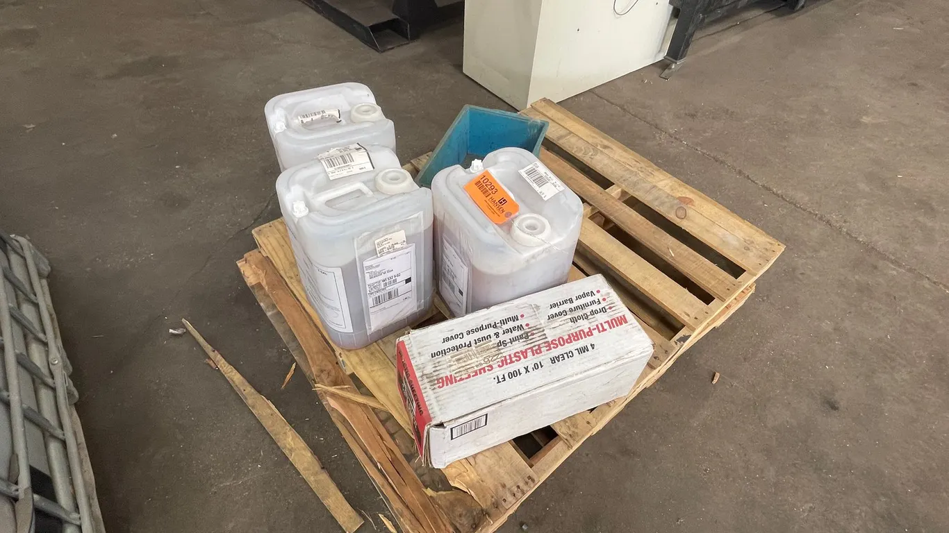 (3) Partial Jugs Yumate FGS-5100, Plastic Sheeting, and Pipe Pieces