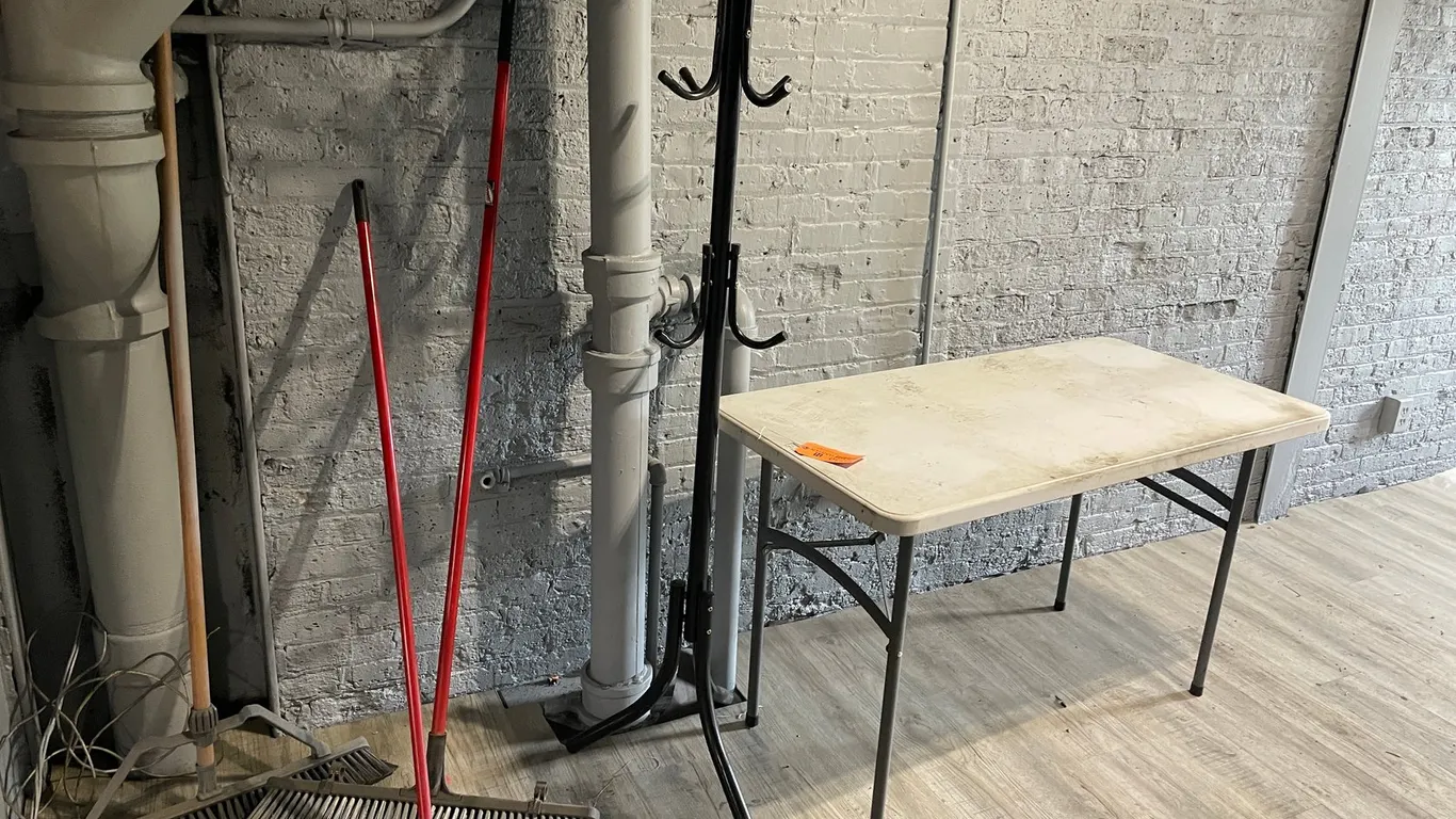 Push Brooms, Coat Rack, and Poly Folding Table