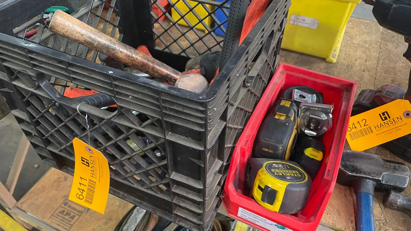 Bin of Various Style Hammers and Tape Measures