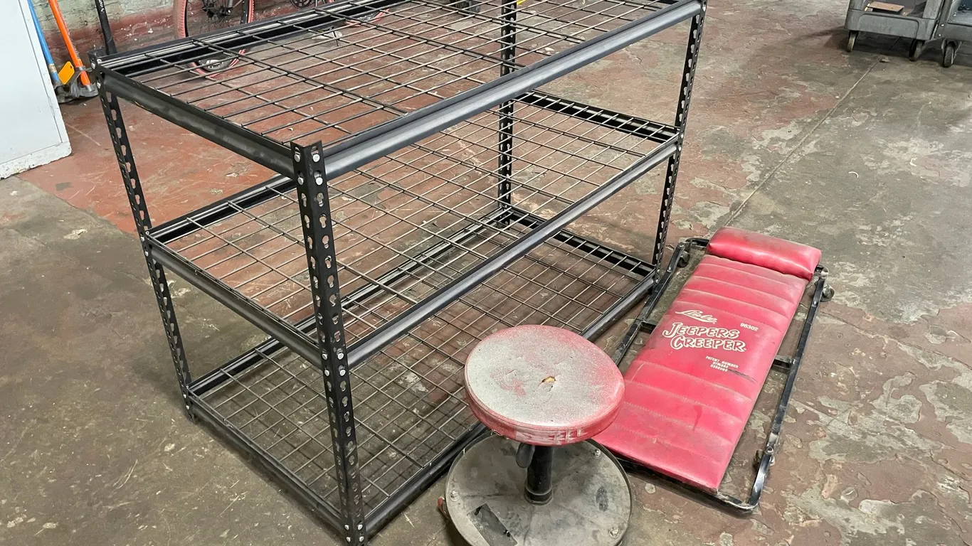 Lisle Shop Creeper, Rolling Shop Chair, and Shelving Unit