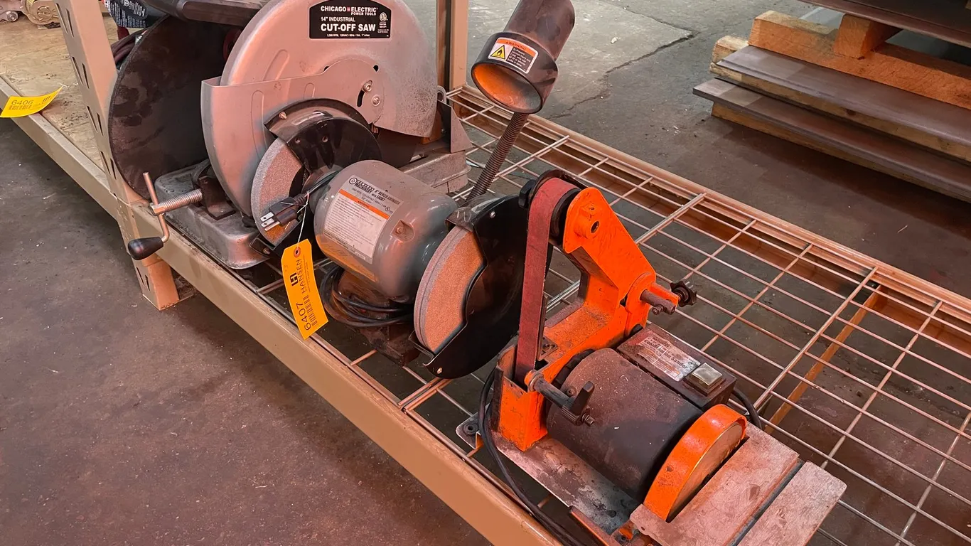 Chicago 14" Cut Off Saw, Central Machinery 8" Bench Grinder, and Combonation Sander