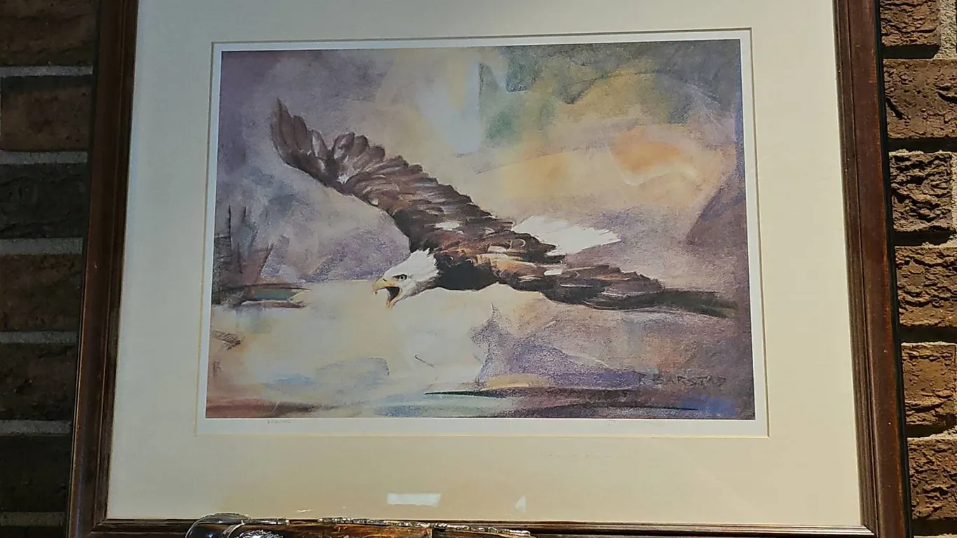 Framed Bald Eagle Print by R. Isakstad and Decorative Flintlock-Style Pistol