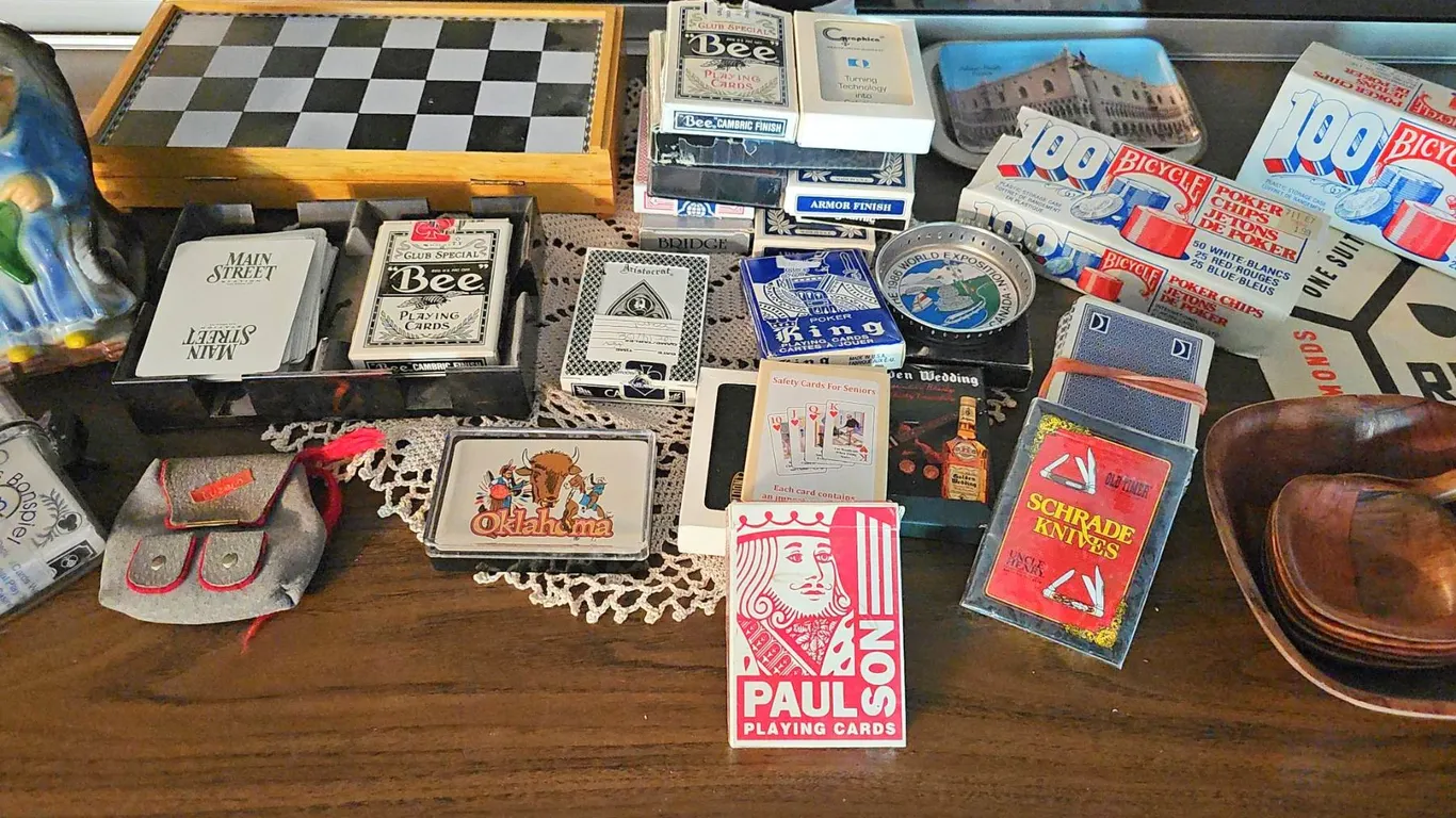 Vintage Playing Cards, Poker Chips, Game Accessories, and Wooden Bowl Set