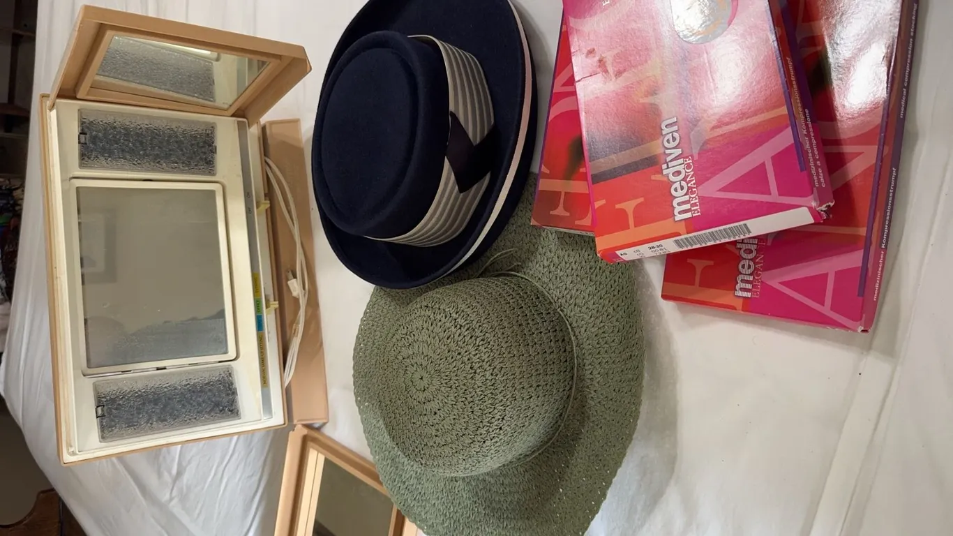 Lot with Portable Vanity, Hats, and Mediven Clima Comfort Boxes