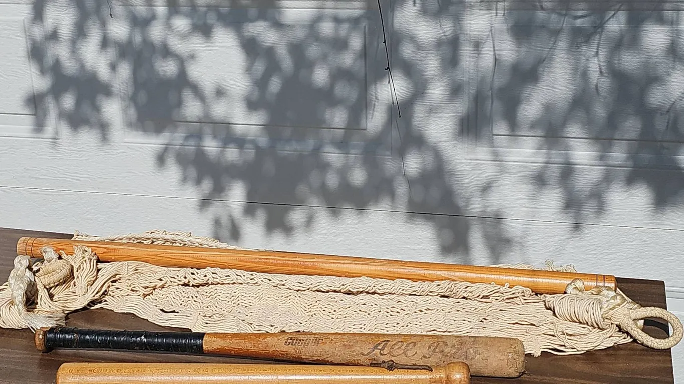 Cotton Hammock With Wooden Spreaders and Three Wooden Mini Baseball Bats