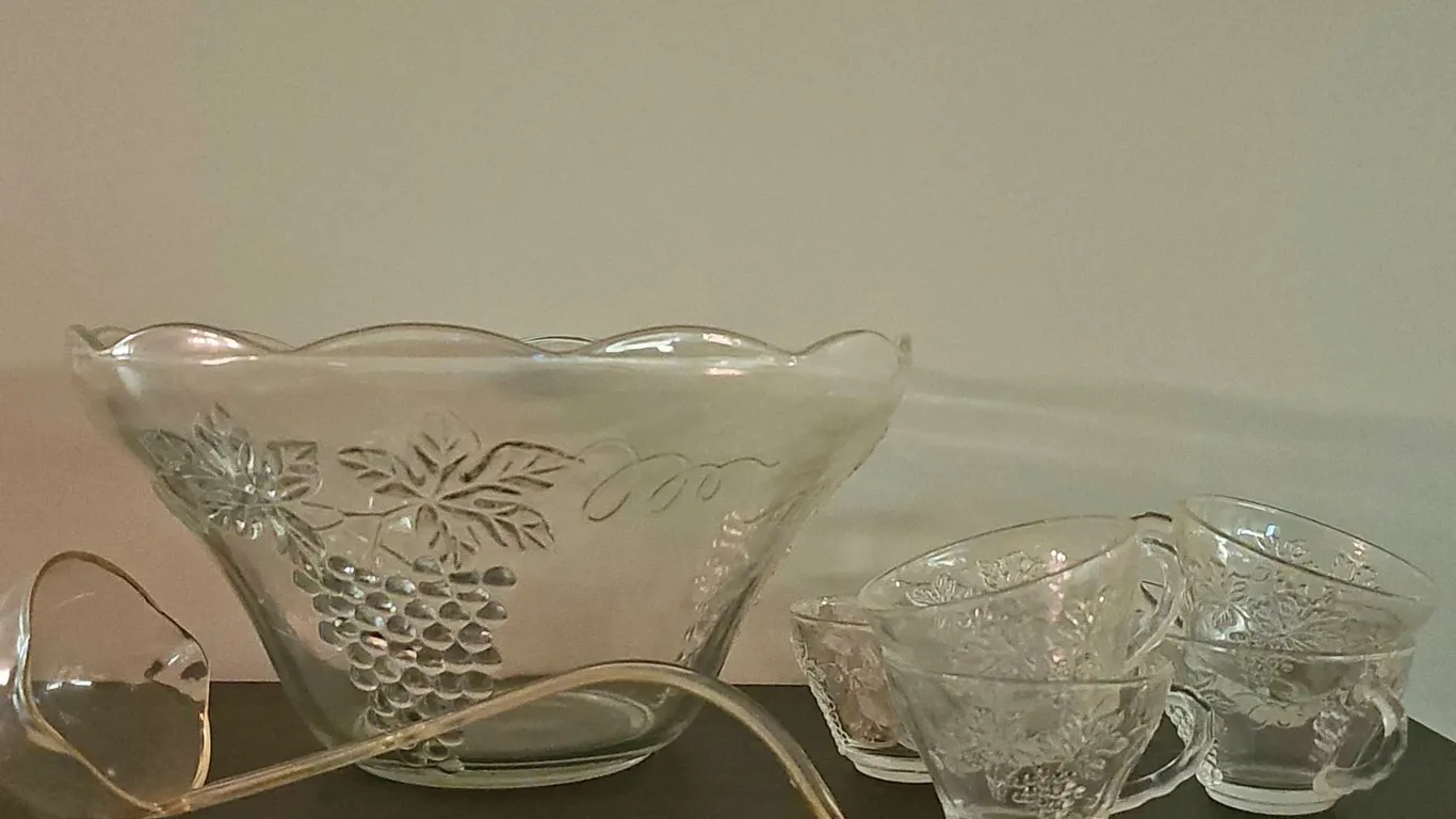 Clear Glass Grape Vine Punch Bowl Set with Cups and Ladle