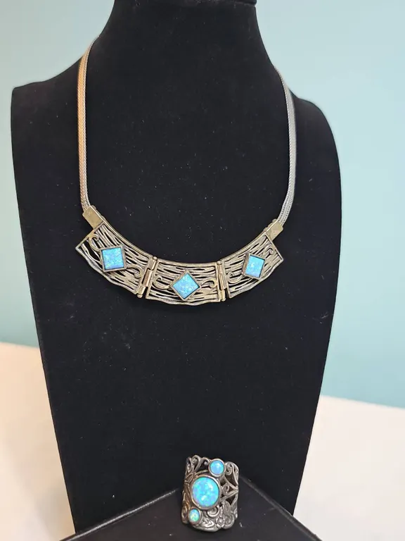 Sterling Silver Necklace and Filigree Ring with Blue Opal Stones