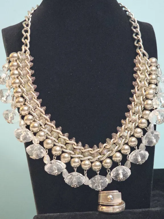 Silver Tone Chain Necklace With Glass Beads and Sterling Ring