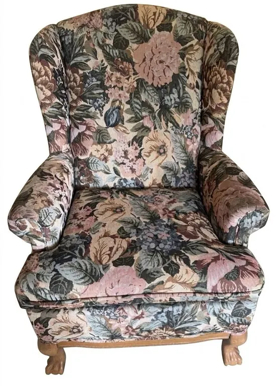 Floral Upholstered Wingback Armchair with Carved Wooden Feet