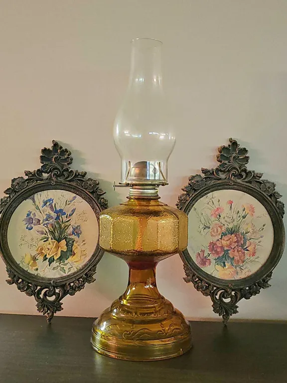 Amber Glass Oil Lamp With Two Ornate Framed Floral Prints