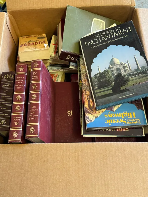 Box Lot of Mixed Books Including Encyclopedias, Cookbooks, and Travel Guides
