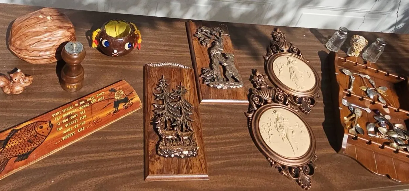 Decorative Wooden and Metal Wall Plaques, Spoon Collection, and Novelty Items