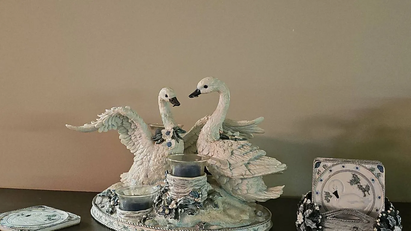 Porcelain Swan Double Candle Holder With Matching Coaster Set